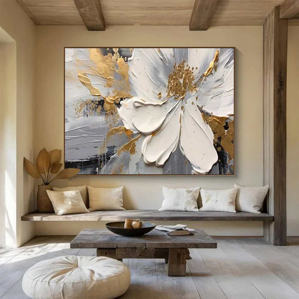 White Handmade Hand-painted Gray Gold Accents Abstract Wall Art 54KQN